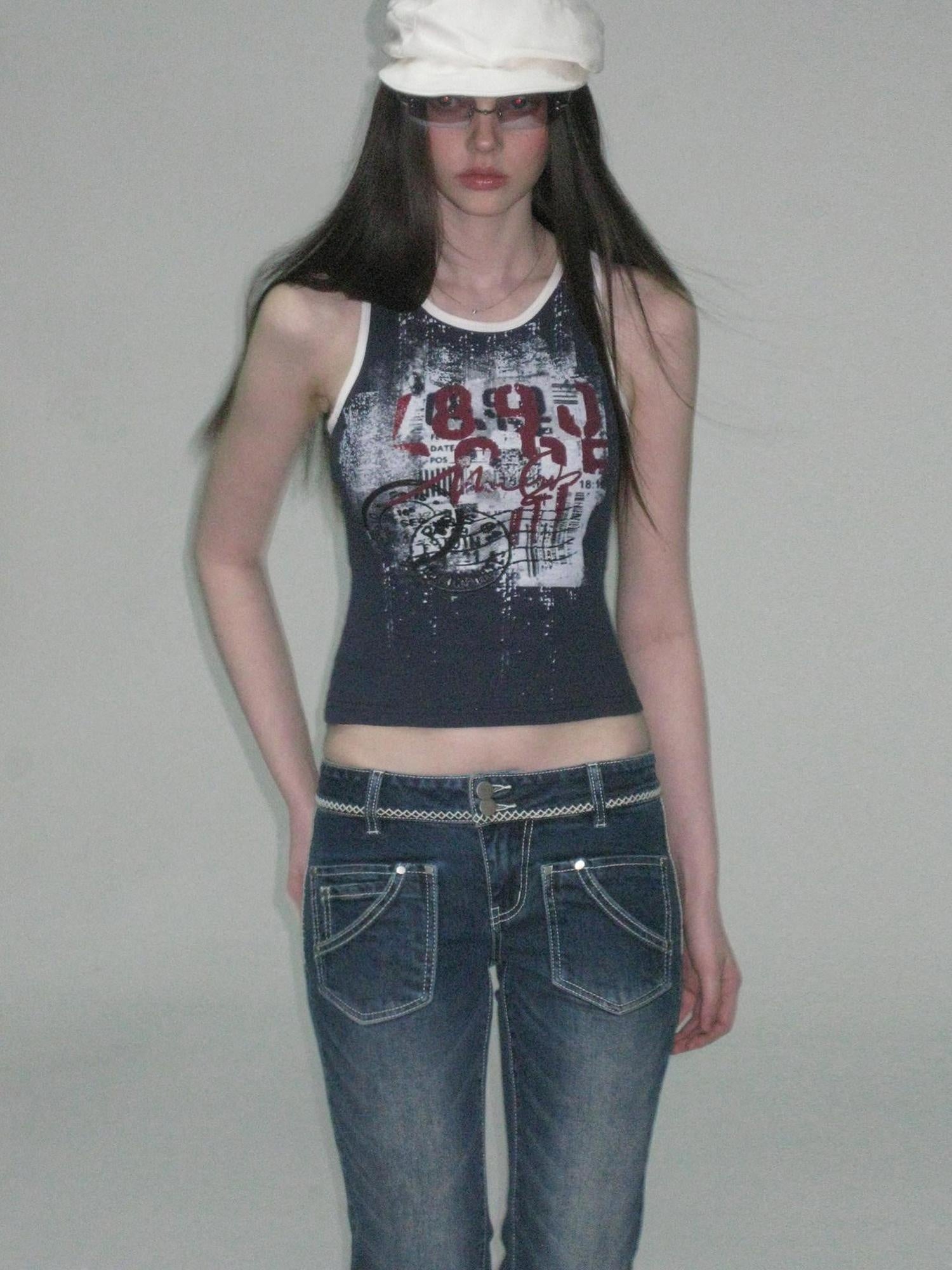 The NeverMore Soft Stretch Cotton Slim Fit Round Neck Printed Cropped Women Navy Camisoles