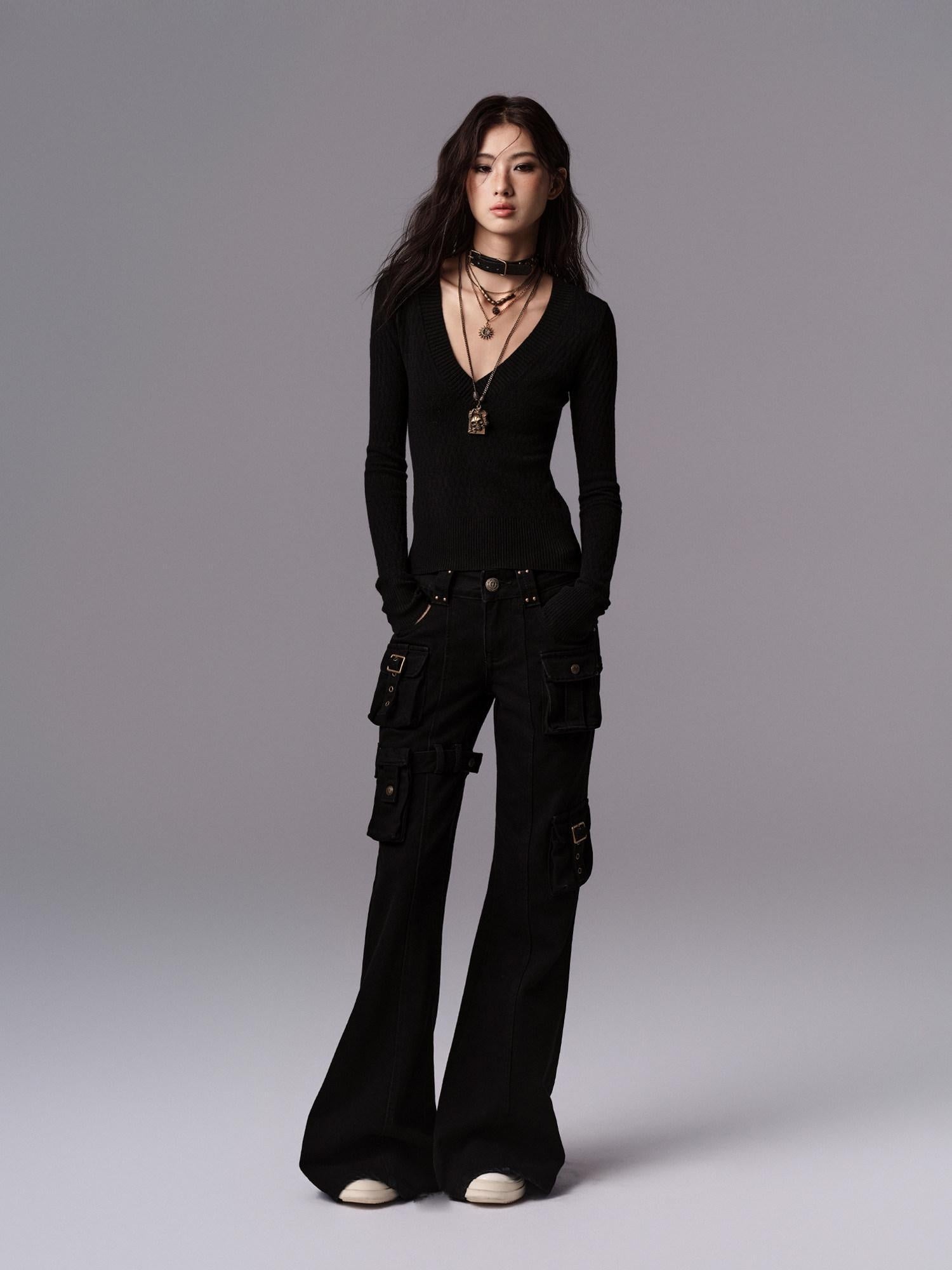 Low pixel Waist Cinched Gothic Slim V-neck Black Women Pullover Cropped Jackets