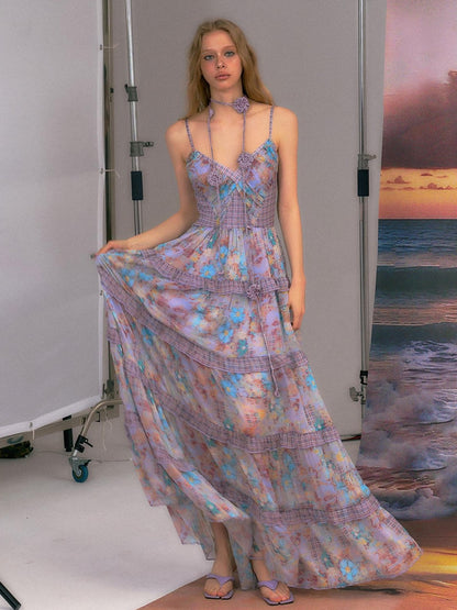 The NeverMore High Waist A Line V-neck Strappy Street Women Blue Purple Polyester Maxi Dresses
