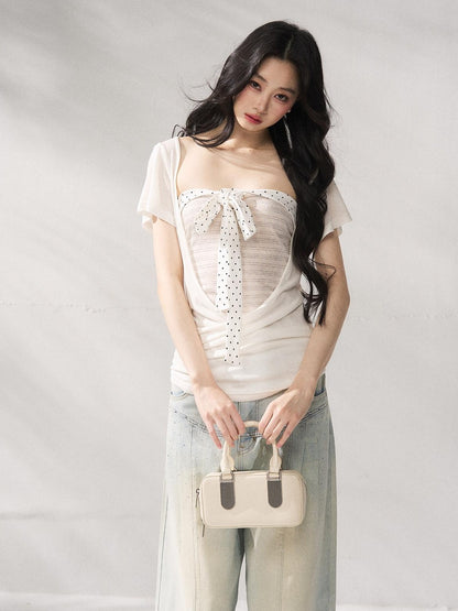 7Shiftin Striped Two Piece Short Sleeve Layered Casual Women Tee Off Shoulder Crop Tops