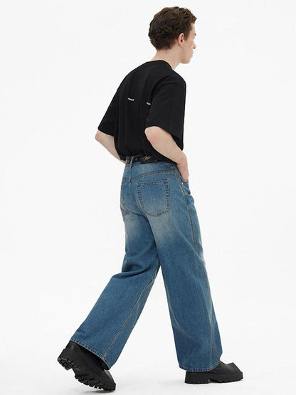 RUN TO THE FUTURE Breathable Washed Mid Rise Asymmetrical Multi Pocket Relaxed Blue Straight Jeans