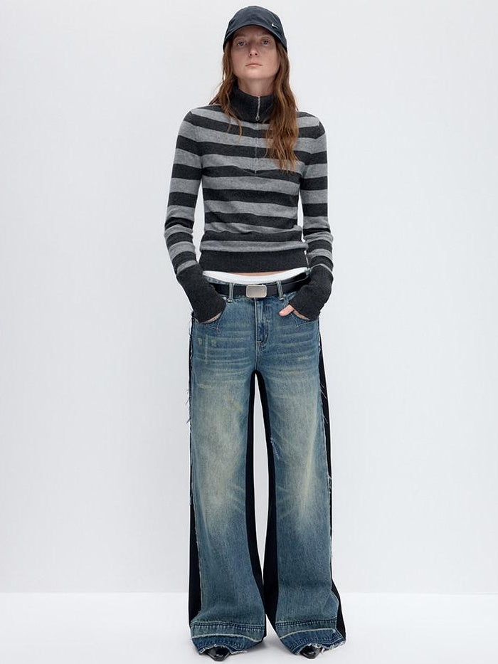 RUN TO THE FUTURE Washed Low Rise Wide Leg Loose Blue Black Denim Zipper Fly Straight Jeans