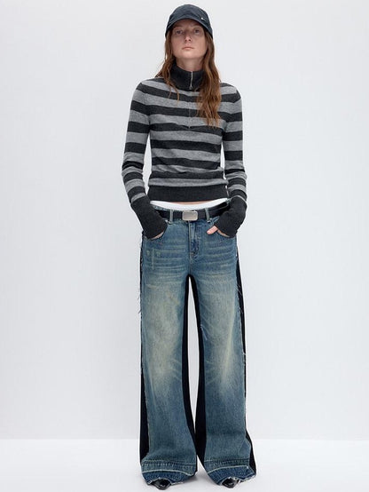 RUN TO THE FUTURE Washed Low Rise Wide Leg Loose Blue Black Denim Zipper Fly Straight Jeans