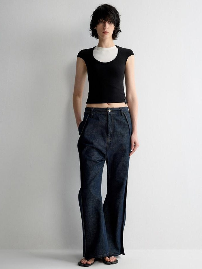 RUN TO THE FUTURE Durable Washed Casual Low Rise Wide Leg Dark Denim Flare Jeans
