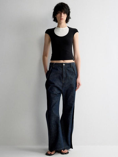 RUN TO THE FUTURE Durable Washed Casual Low Rise Wide Leg Dark Denim Flare Jeans