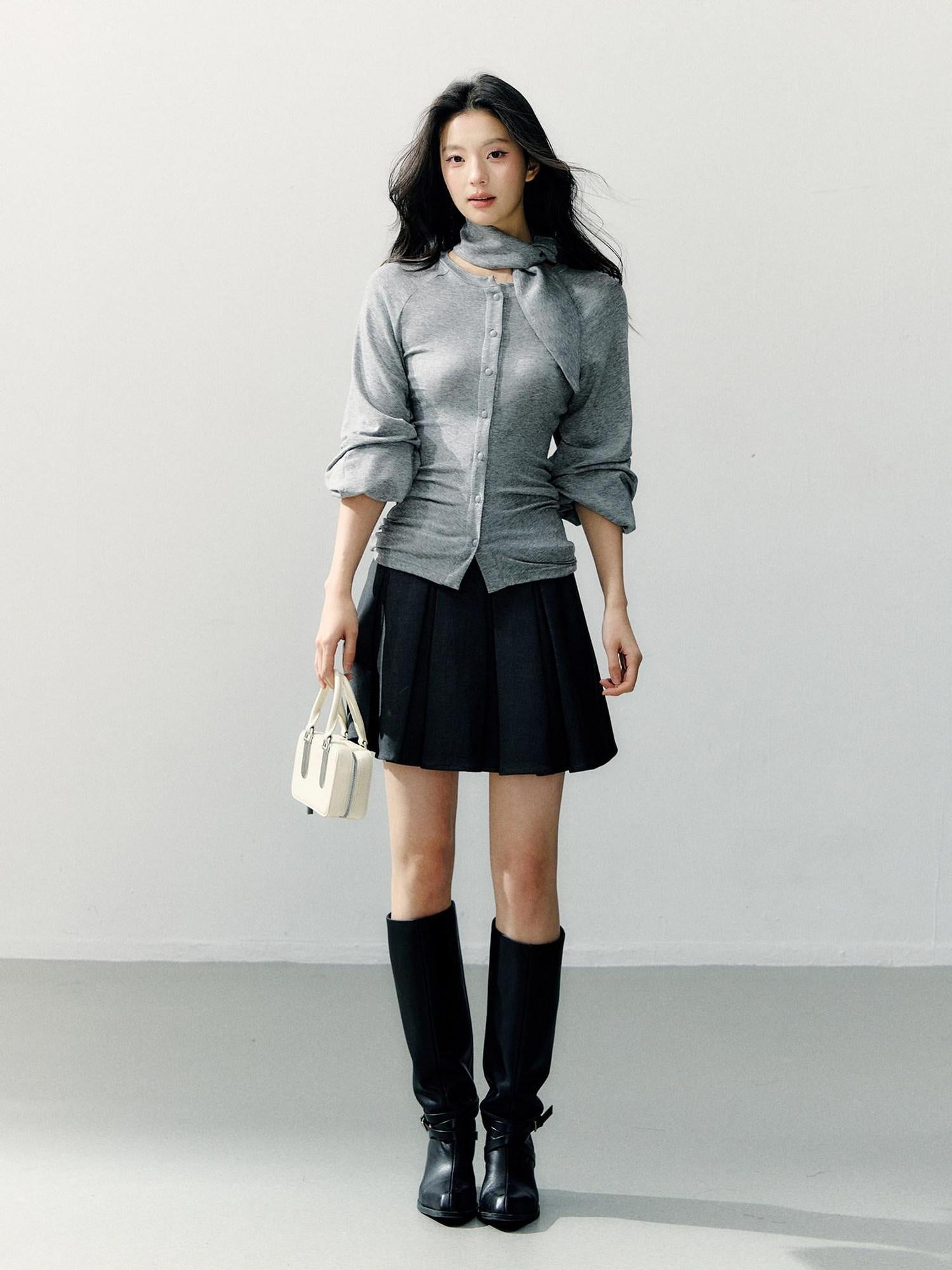 7Shiftin Cinch Waist Cotton Slim Casual Round Neck Three Quarter Sleeve Women Cardigans