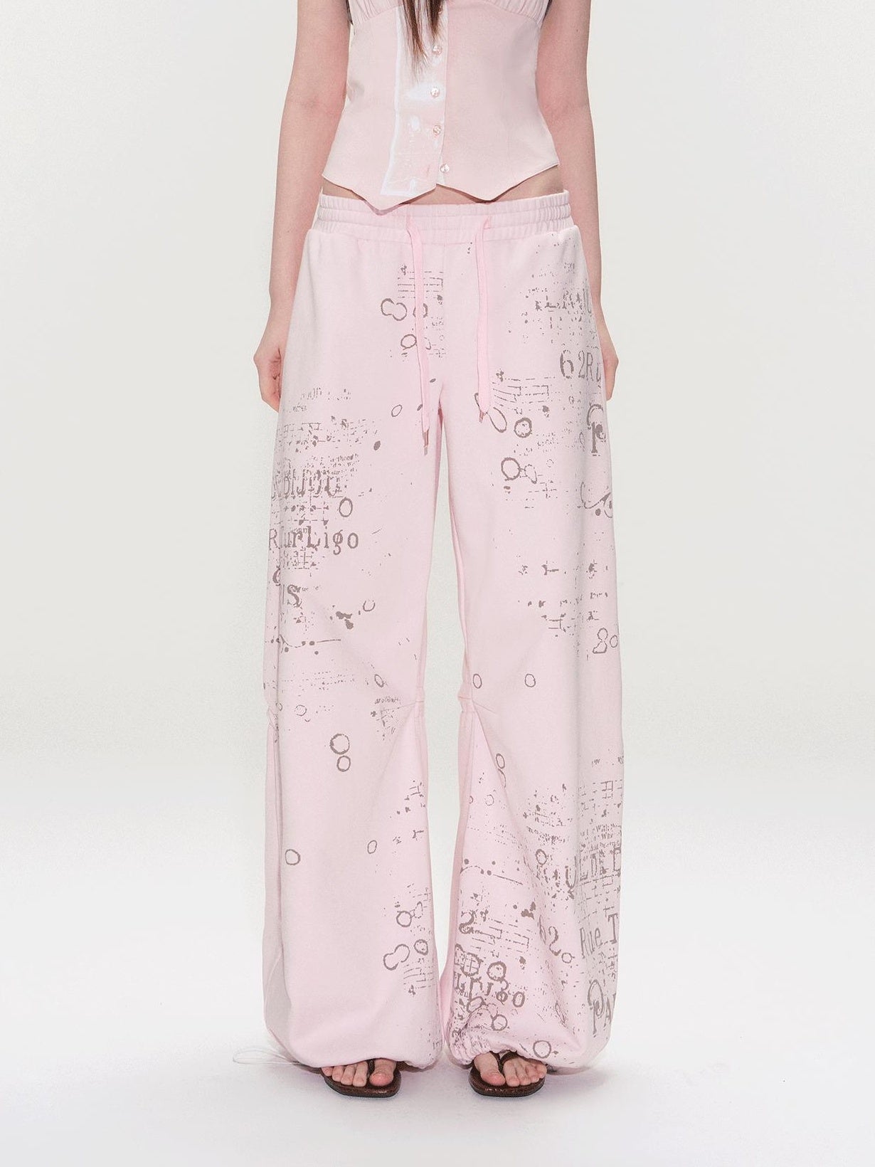 The NeverMore Soft Cotton Letter Print Natural Waist American Style Women Wide Leg Pants