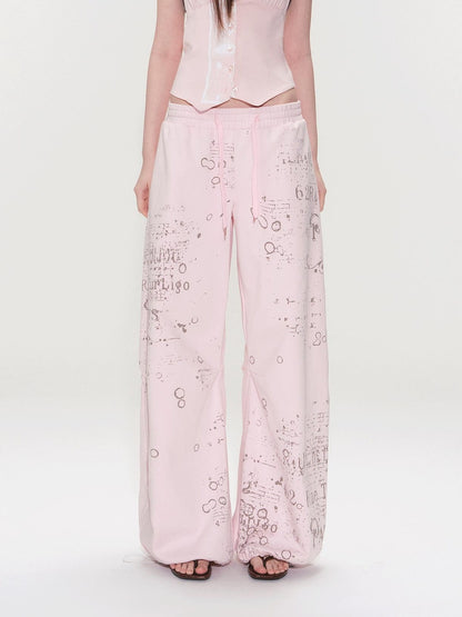The NeverMore Soft Cotton Letter Print Natural Waist American Style Women Wide Leg Pants