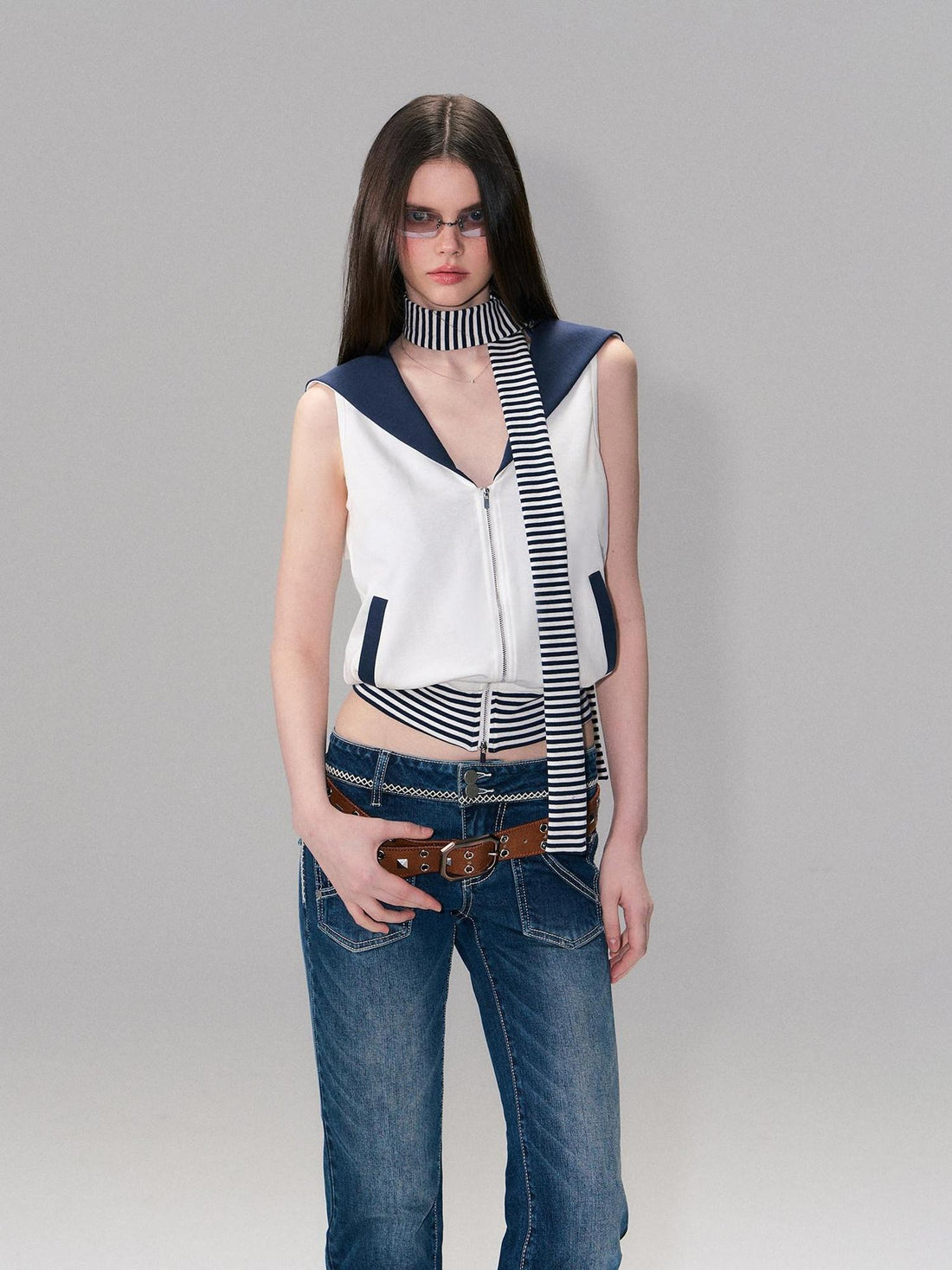 The NeverMore Breathable Cotton Blend Slim Fit Striped Zipper Front Women Casual Tank Tops