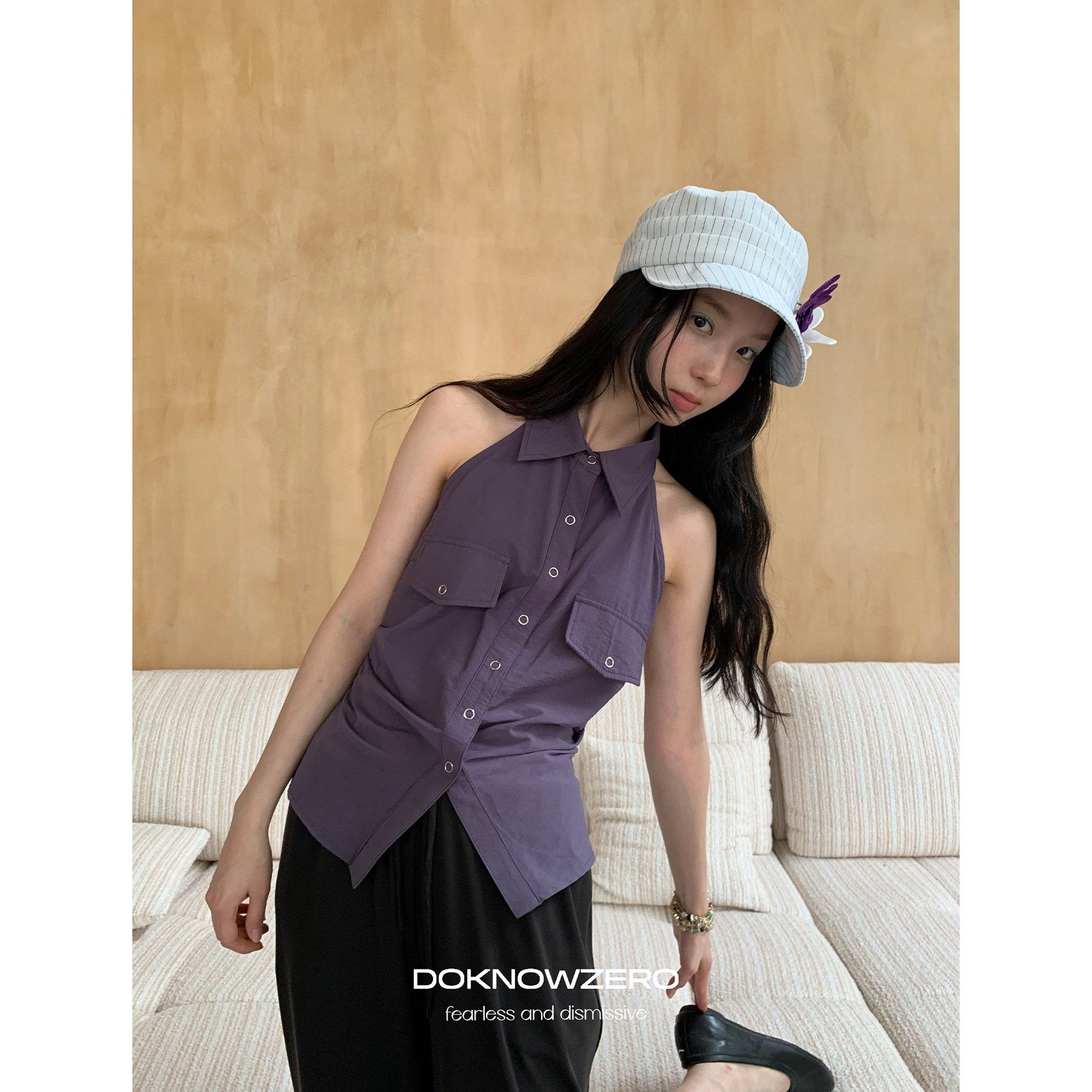 DKZ_OFFICIAL_Purple_Halter_Neck_Shirt_Style_Lapel_Collar_Tie_Waist_Women&