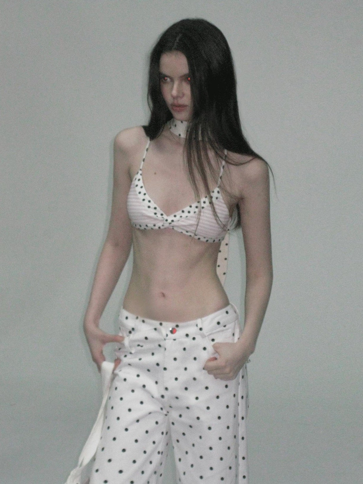 The NeverMore Padded Polka Dot Slim Fit Cropped Round Neck Womens Cotton Blend Camisoles