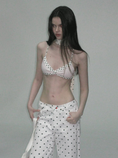 The NeverMore Padded Polka Dot Slim Fit Cropped Round Neck Womens Cotton Blend Camisoles