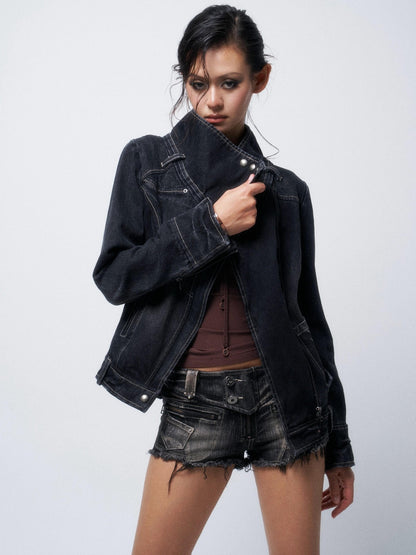 Flowers birds Market Washed Slim Fit Casual Denim Black Women Slight Stretch Low-Rise Shorts