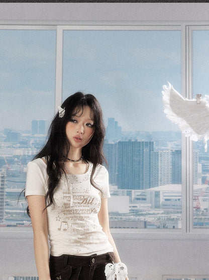 ALL iN plan Soft Lyocell Casual Round Neck A Line Sleeve Women Letter Print Offwhite Tshirt