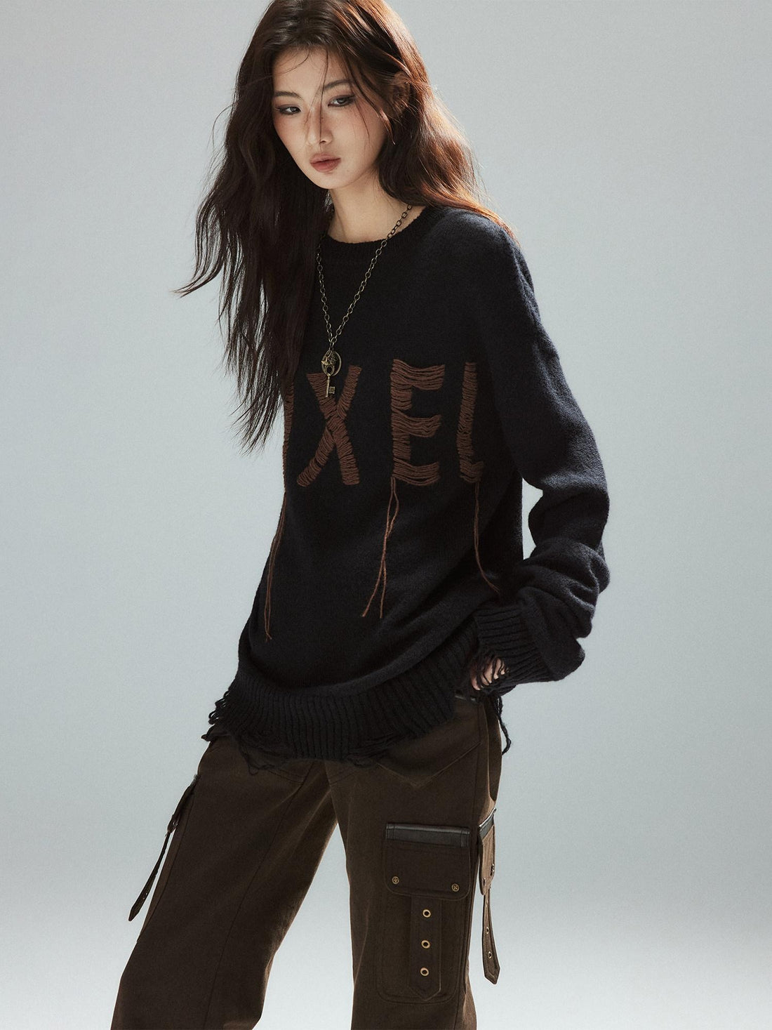 Low pixel Warm Oversized Street Style Distressed Hem Women Black Knit Pullover Sweaters