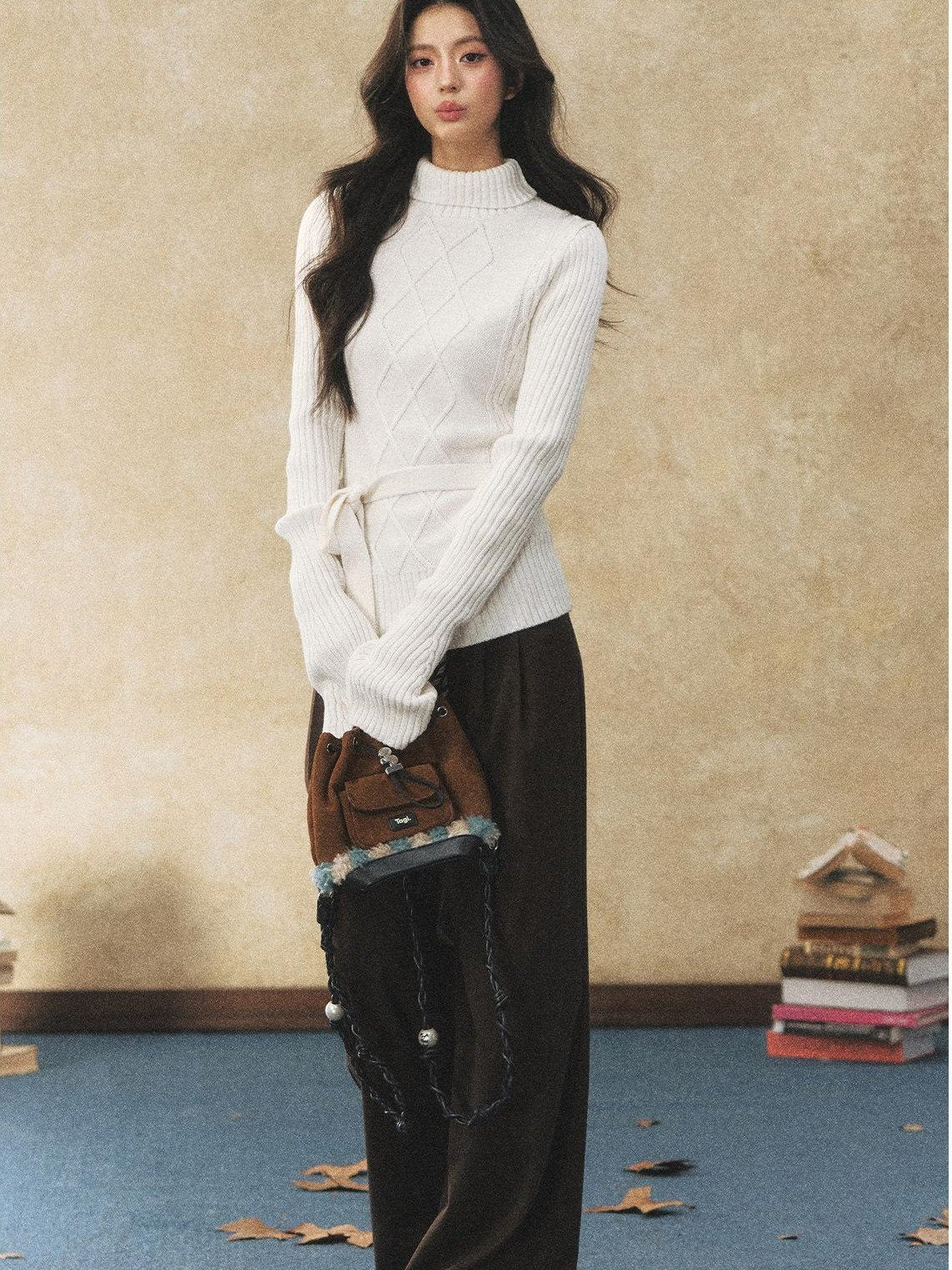 7Shiftin Cozy Belted High Neck Slim Fit Cable Diamond Knit Long Sleeve Women Sweaters