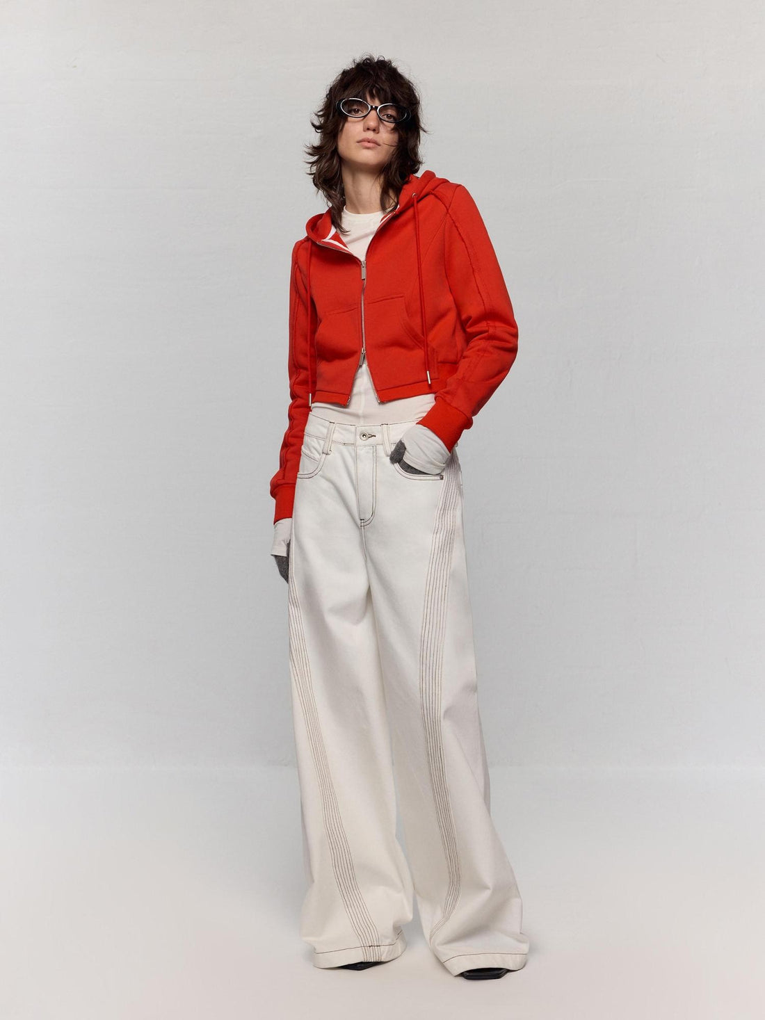 RUN TO THE FUTURE Casual Colorblock Loose Natural Waist Washed Denim High Cotton Wide-Leg Jeans