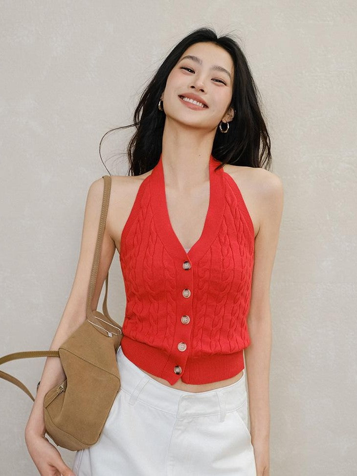 FU FRESH UP Cable Knit V-neck Backless Slimming Women&