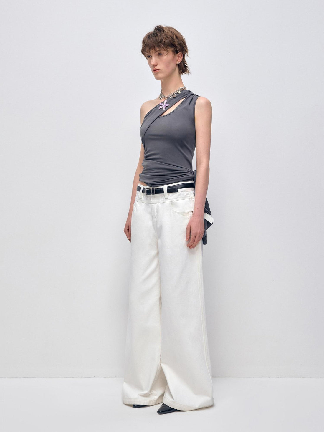 RUN TO THE FUTURE Low Rise 96 Percent Cotton Casual Loose Fit White Denim Wide-Leg Jeans