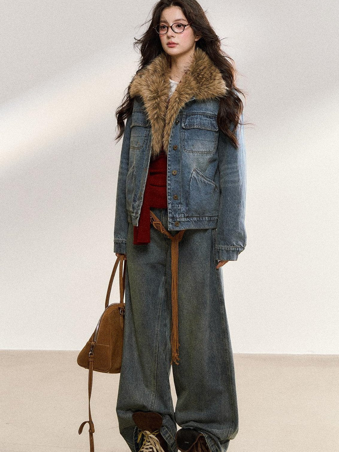 7Shiftin Warm Detachable Fur Collar Casual Cropped Women Long Sleeve Denim Jackets