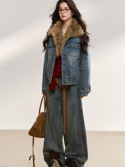 7Shiftin Warm Detachable Fur Collar Casual Cropped Women Long Sleeve Denim Jackets