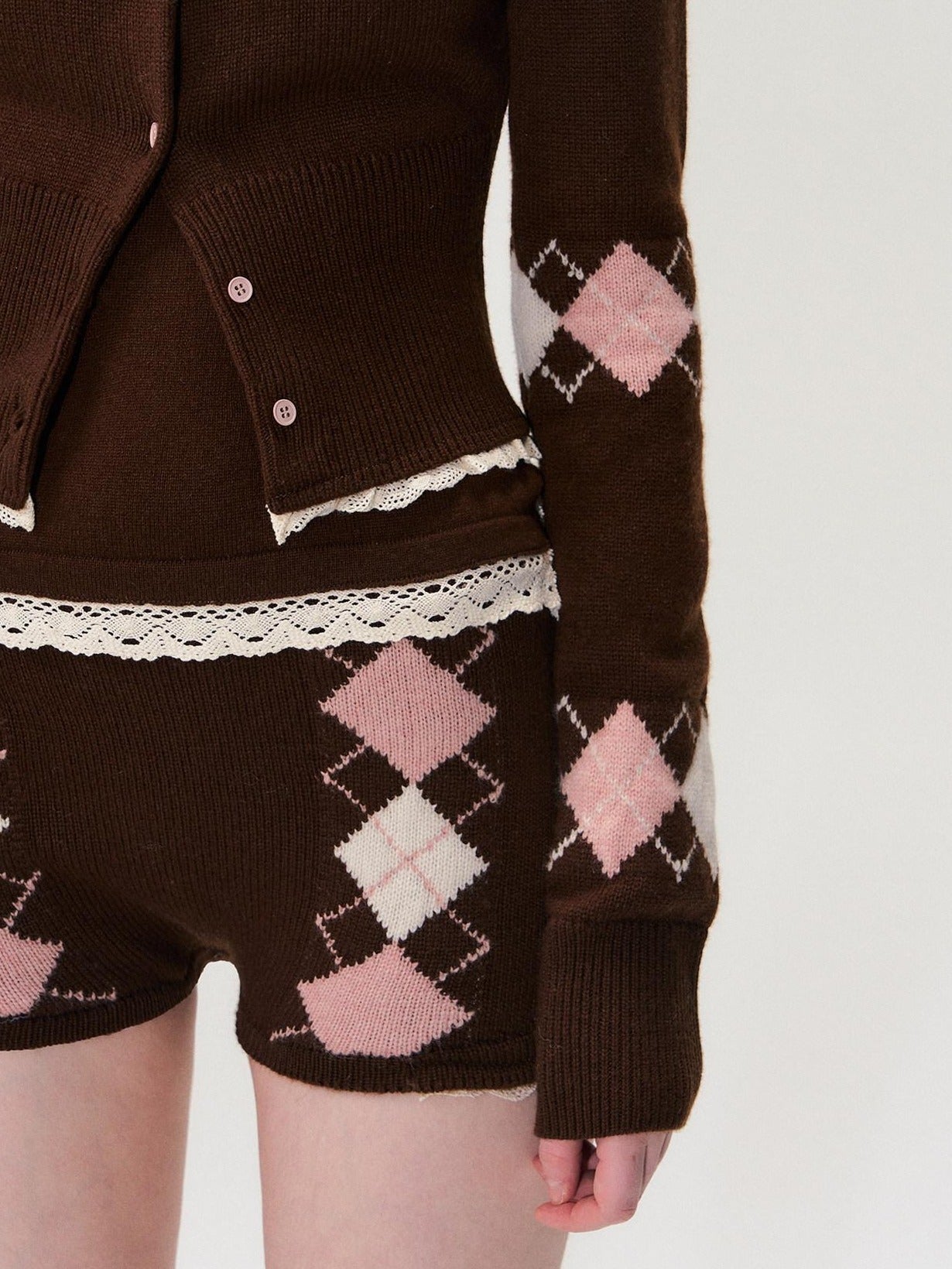 The NeverMore Cashmere Blend Sexy Argyle Button Cardigan Shorts Women Top &amp; Shorts Sets