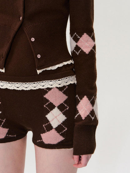 The NeverMore Cashmere Blend Sexy Argyle Button Cardigan Shorts Women Top &amp; Shorts Sets