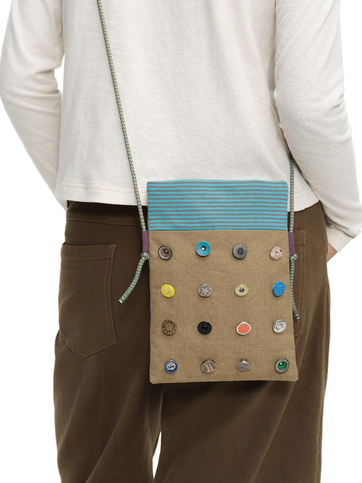 oinimi Khaki Stripe Button Badge Studded Square Women&