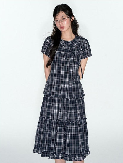 NAPSNAPS Blue Plaid Ruffle Hem High Waist Pleated Patchwork Women&