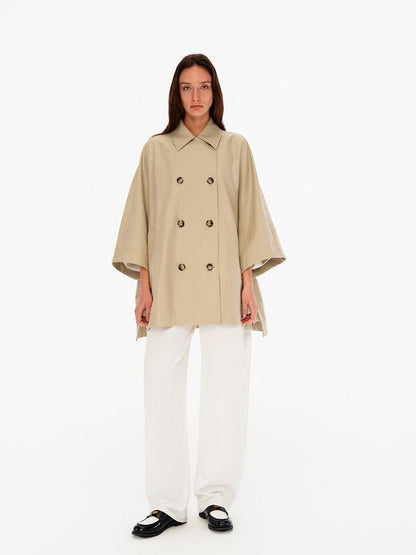 Northbutsouth Light Sheen Crinkle Double Breasted Batwing Women&