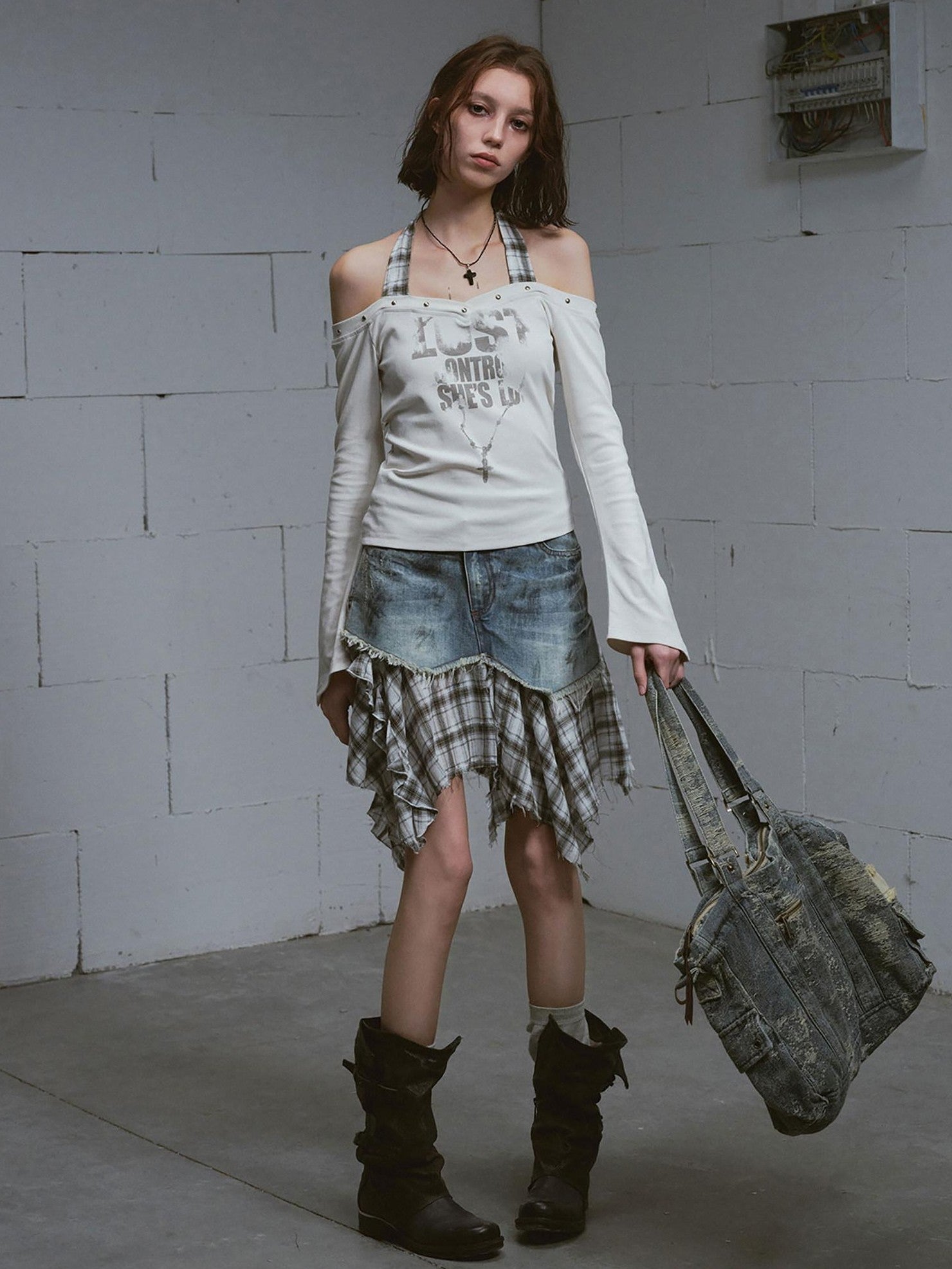 Cest Nous Washed Deconstructed Plaid Patchwork Asymmetric Women&