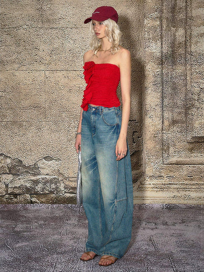 The NeverMore Durable Distressed Relaxed Loose Natural Waist Blue Denim Wide Leg Jeans