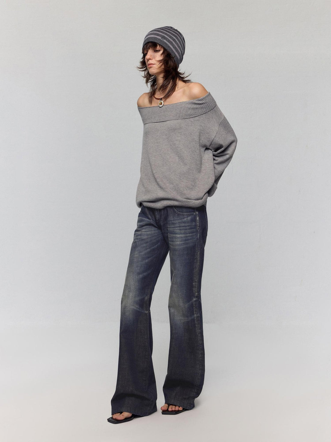 RUN TO THE FUTURE Vintage Commuter Loose Tie Asymmetric Neck Women Grey Knit Long Sleeve T-Shirts