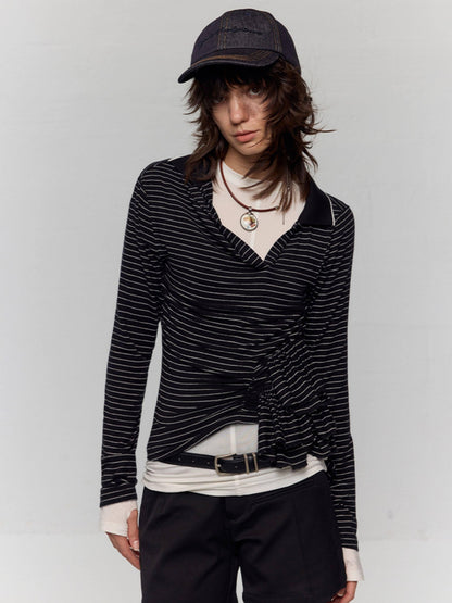 RUN TO THE FUTURE Slim Fit Ruffle Henley Black White Stripe Womens Wool Blend Long Sleeve T-Shirts