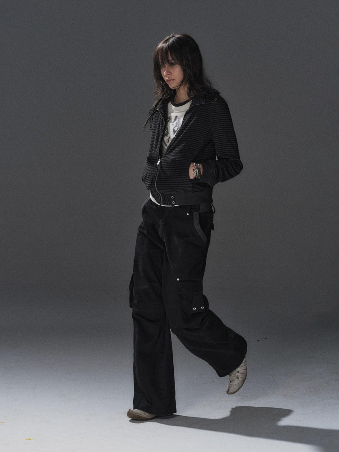 wear And tear Black Gray Striped Eyelet Tape Splice Punk Women&