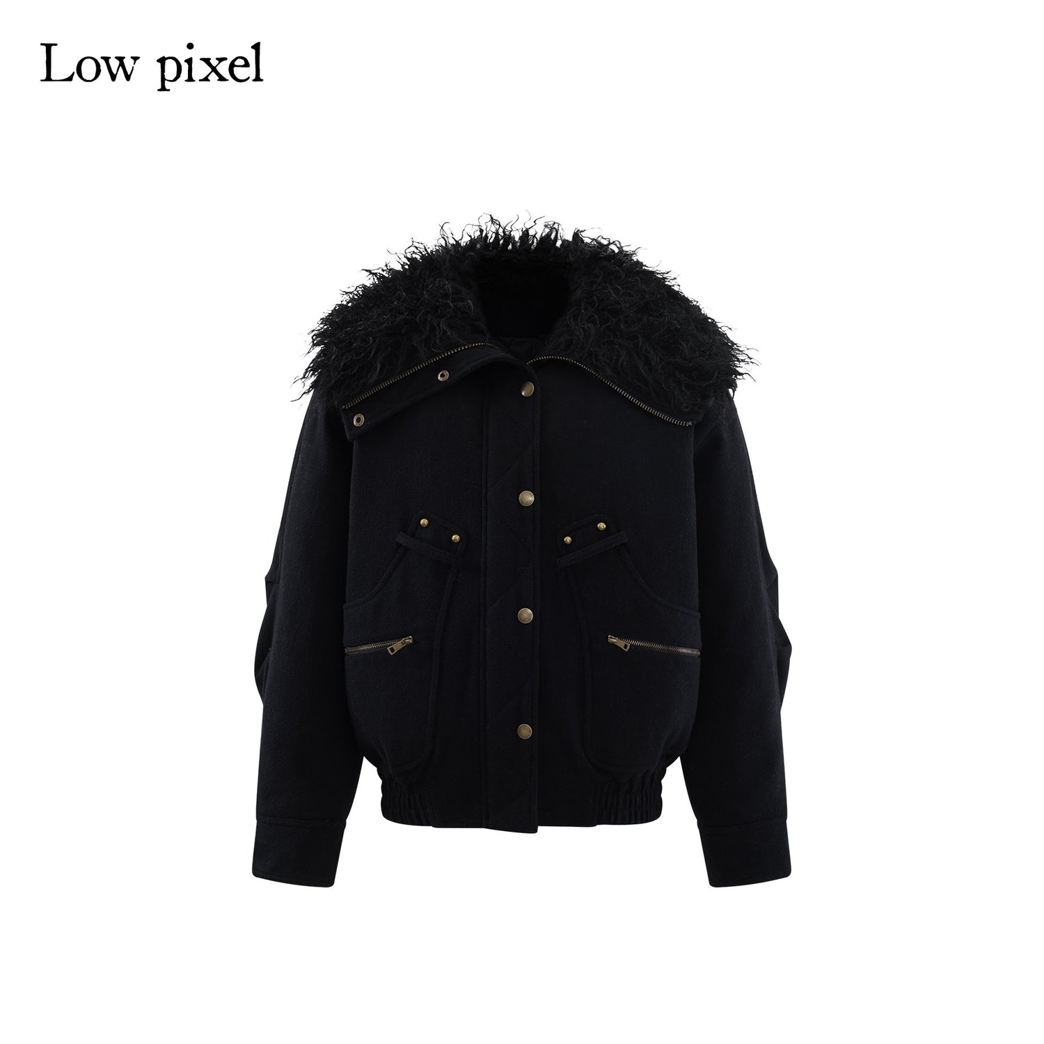 Low pixel Thick Wool Blend Multi Pocket Loose Fit Sexy Girl Black Zipper Cropped Jackets