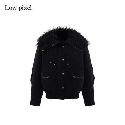 Low pixel Thick Wool Blend Multi Pocket Loose Fit Sexy Girl Black Zipper Cropped Jackets