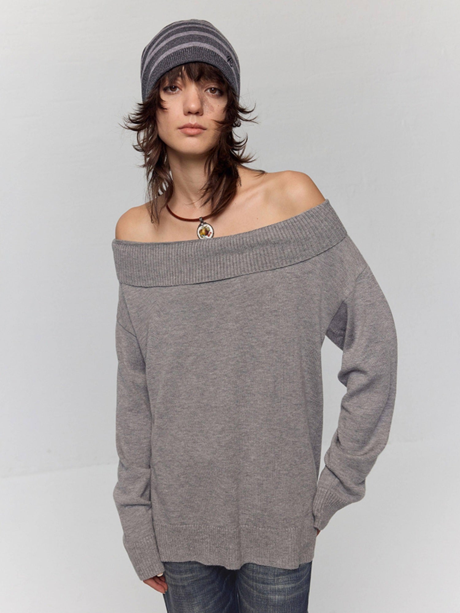 RUN TO THE FUTURE Vintage Commuter Loose Tie Asymmetric Neck Women Grey Knit Long Sleeve T-Shirts