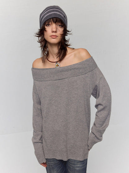 RUN TO THE FUTURE Vintage Commuter Loose Tie Asymmetric Neck Women Grey Knit Long Sleeve T-Shirts