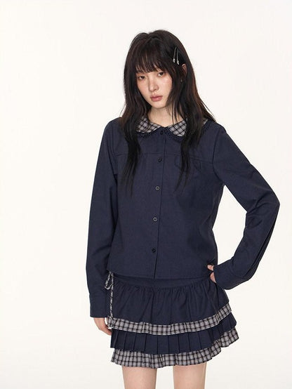 NAPSNAPS Navy Plaid Patchwork Doll Collar Faux Two Piece Women&