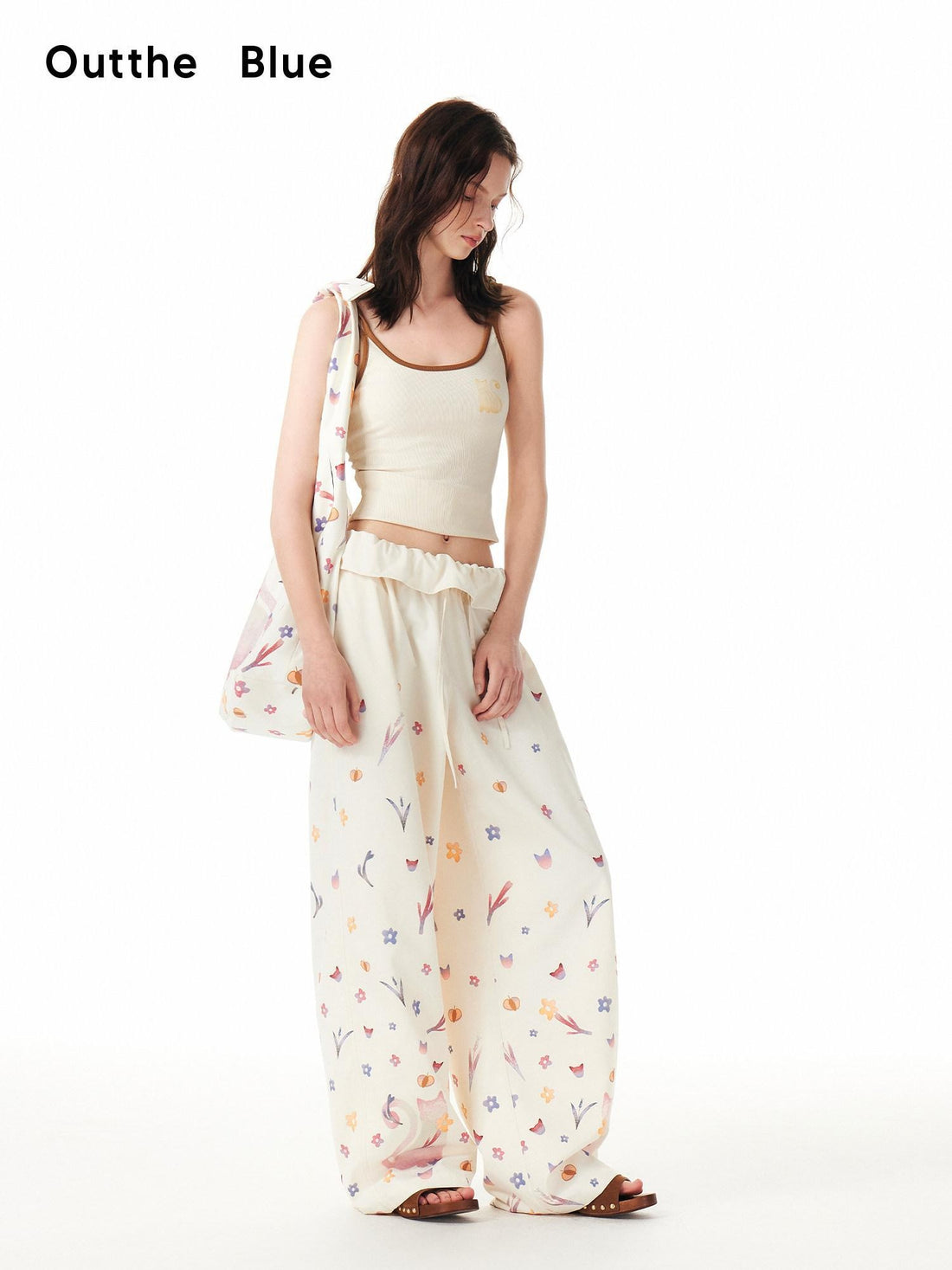 OuttheBlue Cute Cat Floral Print Sweet Natural Waist Long Polyester Women Straight Pants