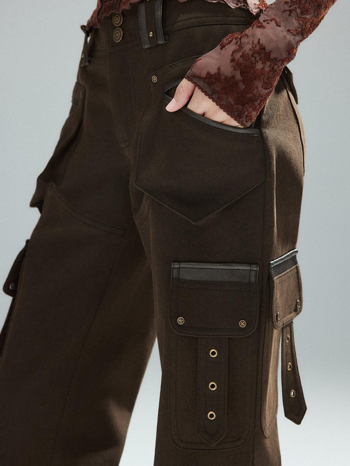 Low pixel Slim Low Rise Cotton Flare Street Style Zipper Brown Women Cargo Pants