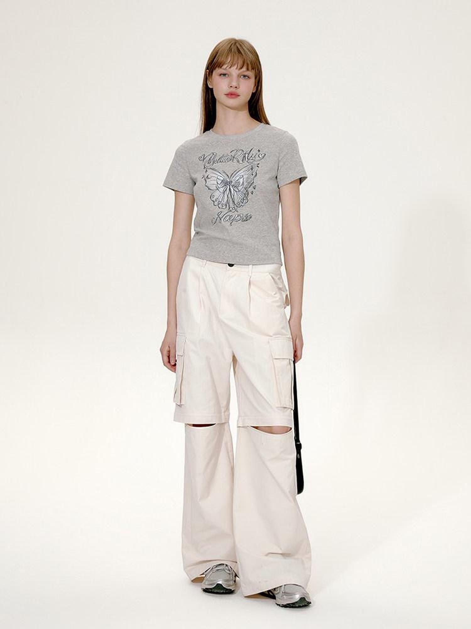 NAPSNAPS Hand Drawn Butterfly Print Slim Cropped Women&