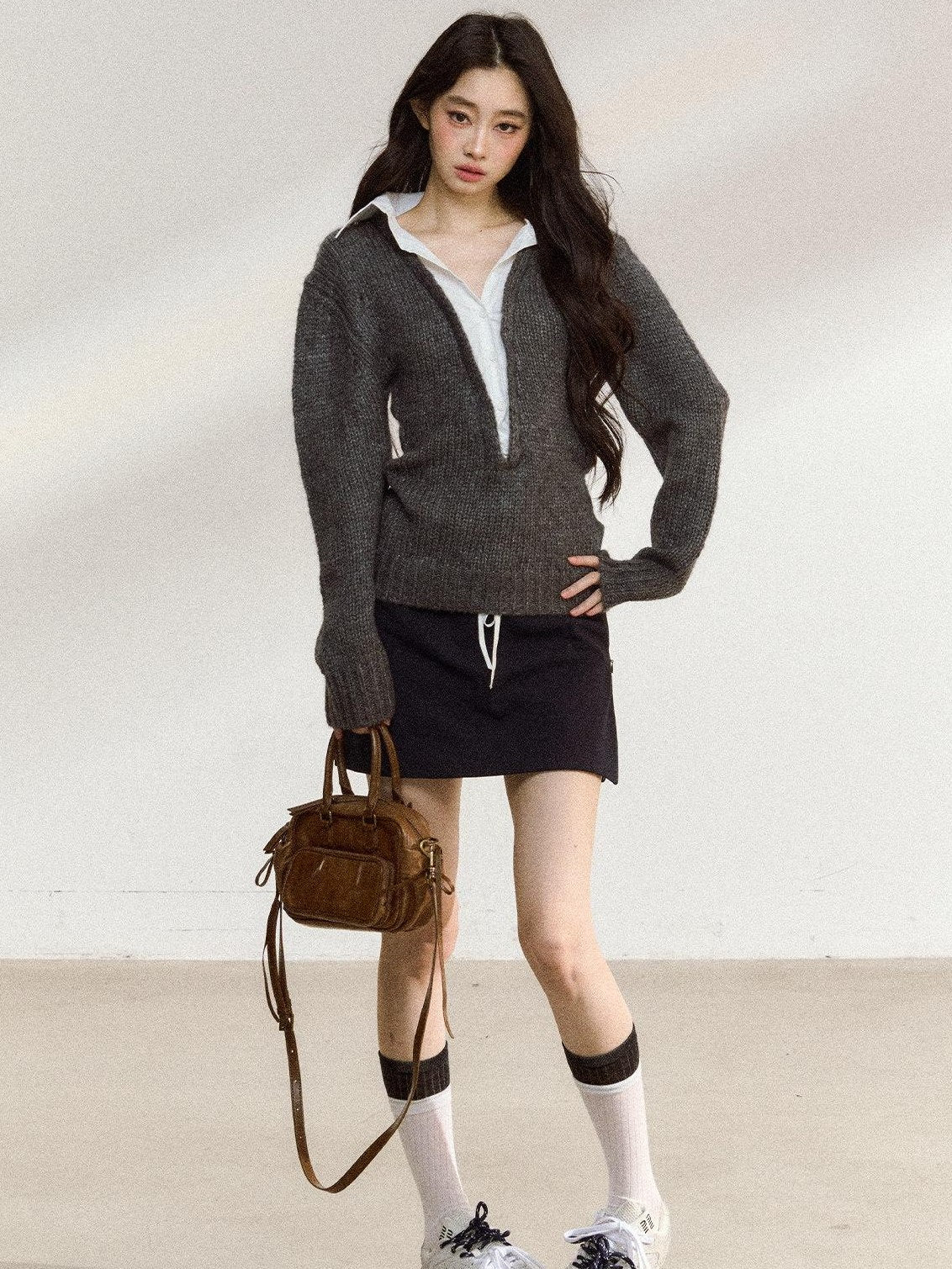7Shiftin Cozy Acrylic Wool Blend Mock Layered American Pullover Women Deep Gray Sweaters