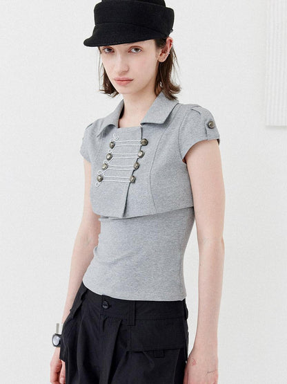 DKZ OFFICIAL Grey Double Breasted Cropped Collared Women&