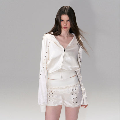 The NeverMore Cozy Cropped Two Piece Set Long Sleeve High Waist Shorts Women Solid Hoodie