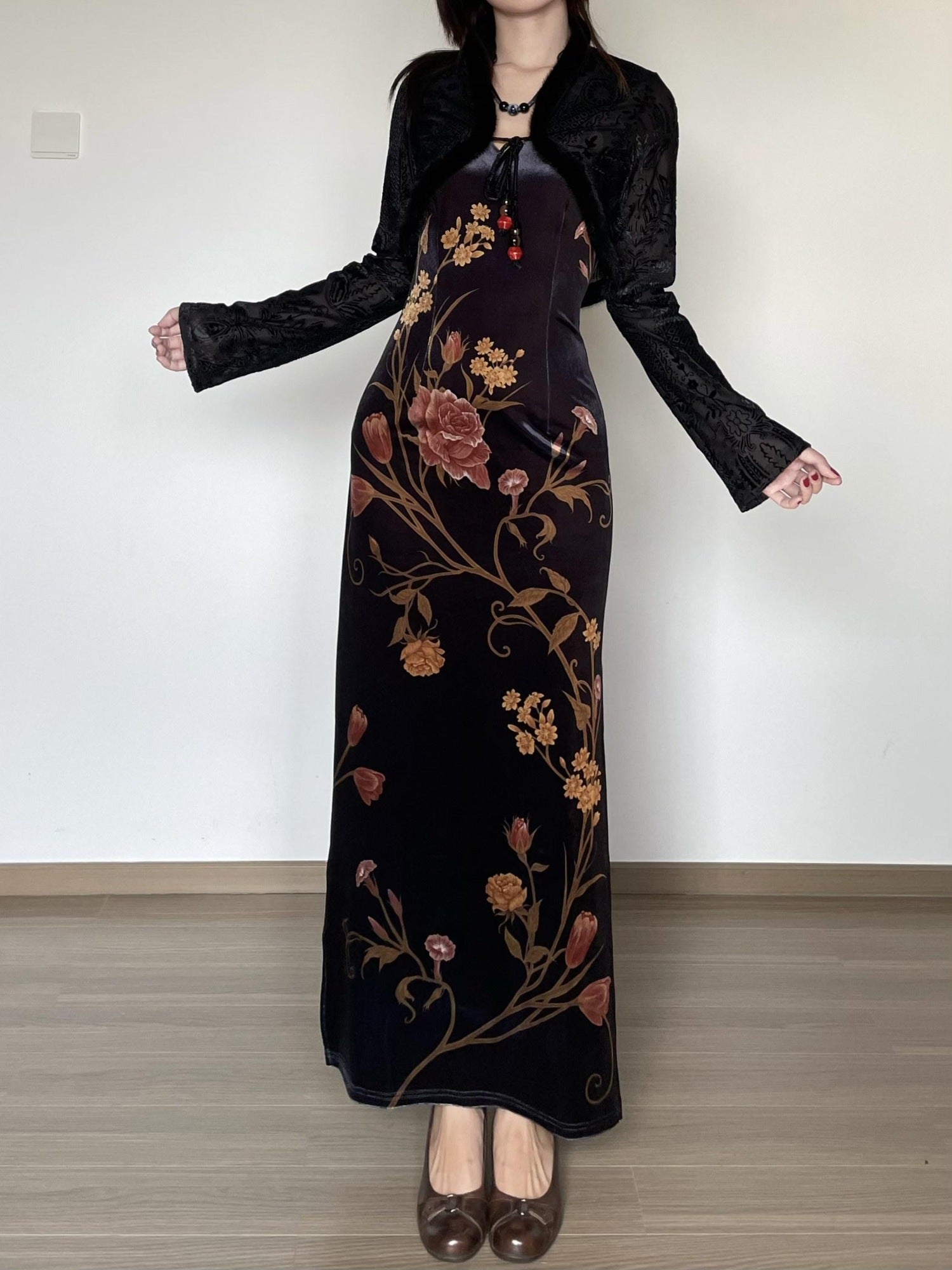 Wet Tail Breathable Floral Cheongsam Vintage Long Sleeve Everyday Casual Maxi Dresses