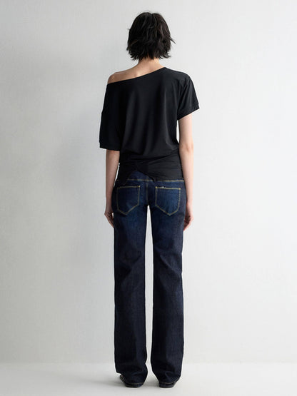 RUN TO THE FUTURE Durable Low Rise Slim Fit Casual Dark Denim Zipper Fly No Stretch Straight Jeans