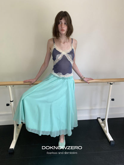DKZ OFFICIAL Mint Green Tulle A Line Drapey Elastic Waist Women&
