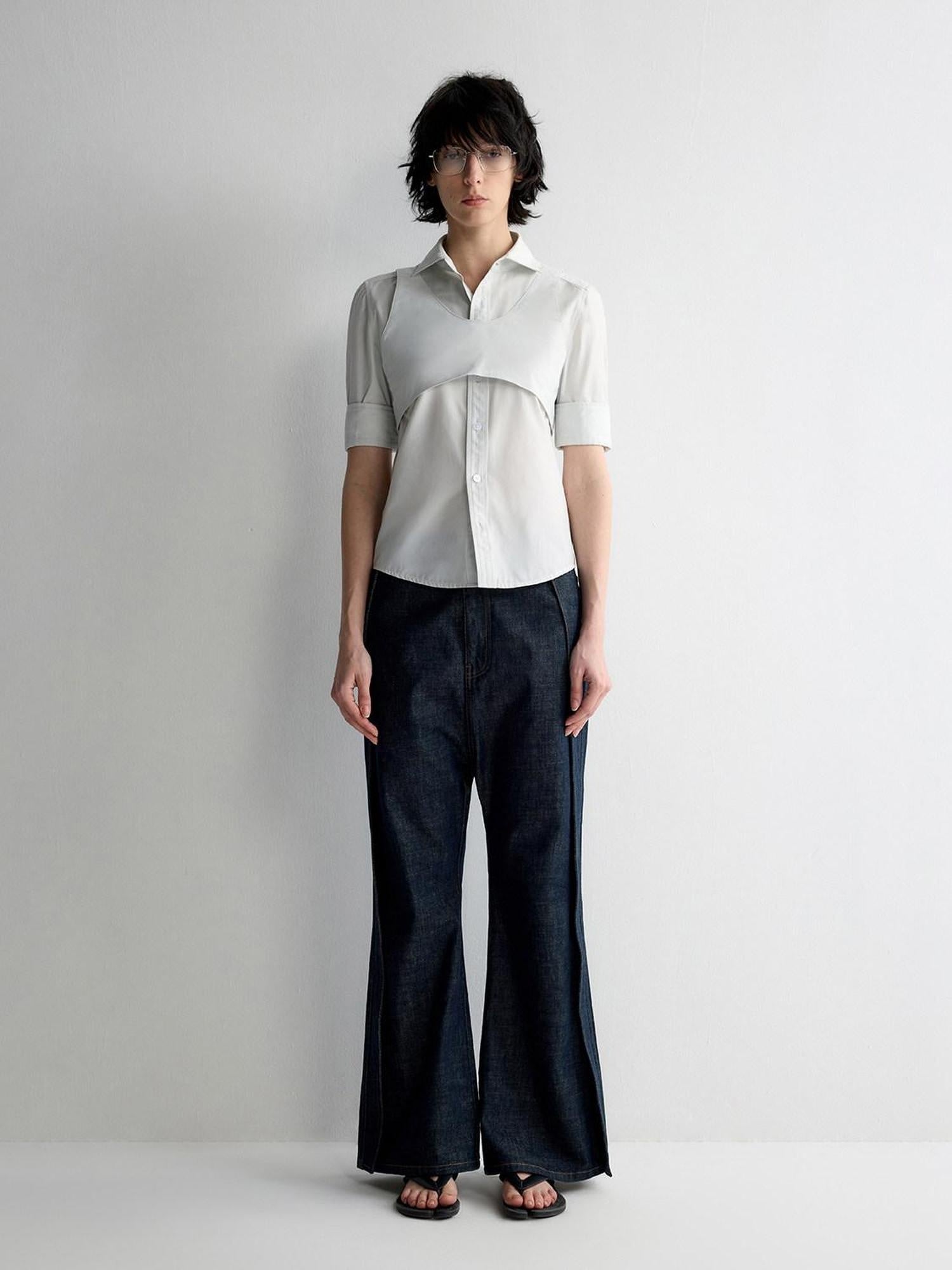 RUN TO THE FUTURE Durable Washed Casual Low Rise Wide Leg Dark Denim Flare Jeans